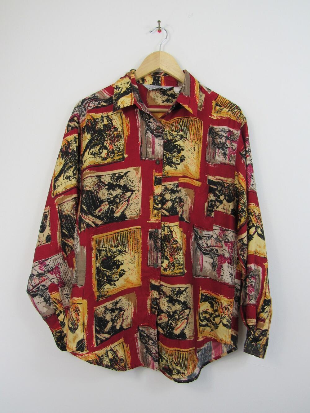 Silks Small 100% Silk Vintage Long Sleeve Button Up Shirt Art to Wear Portraits